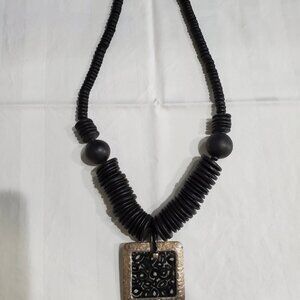 Black African Bead Necklace with Silver Metal Picture Frame Pendant